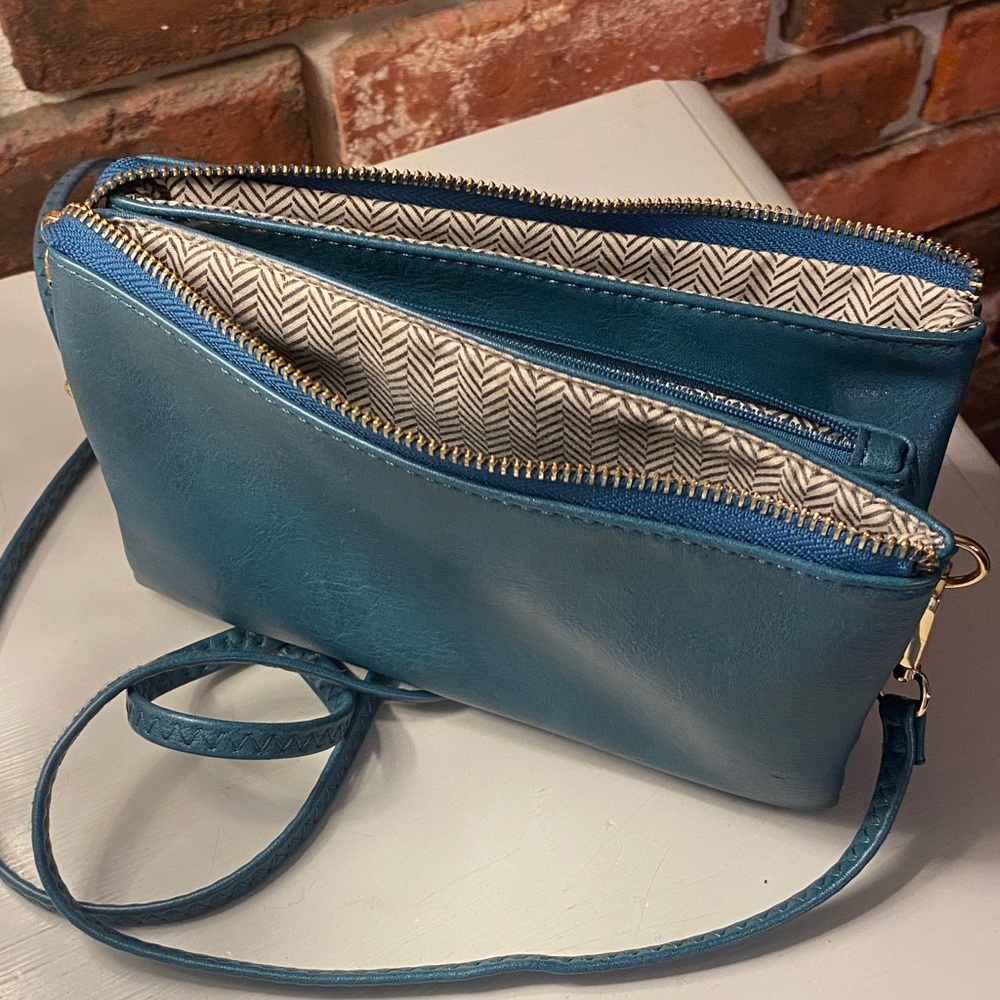 Peacock Blue Leather Crossbody with Dual Zip Pouches